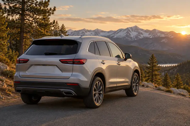 An SUV parked on a mountain road