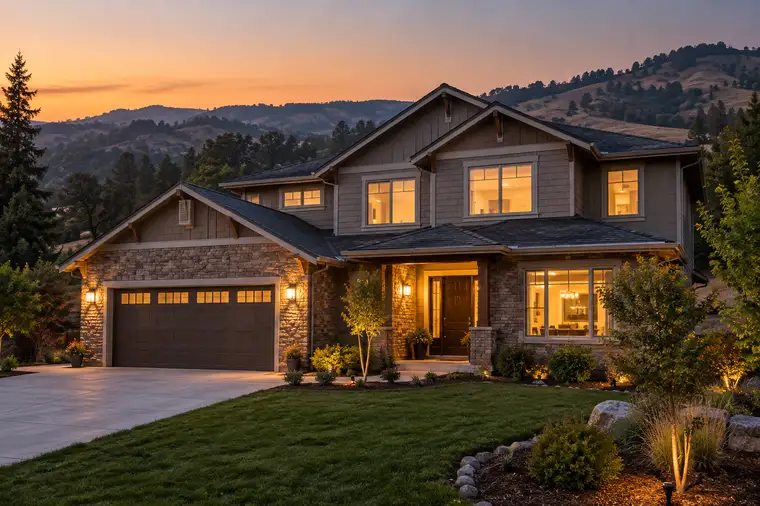 A home at dusk in the Northern California foothills