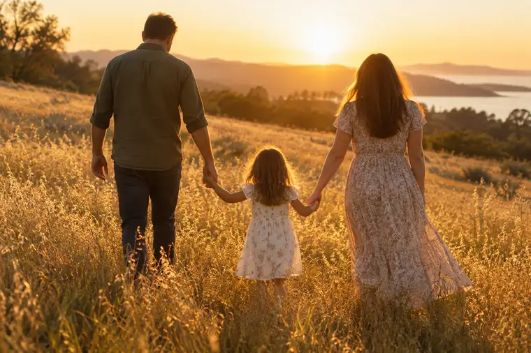 A family walking through a golden field at sunset