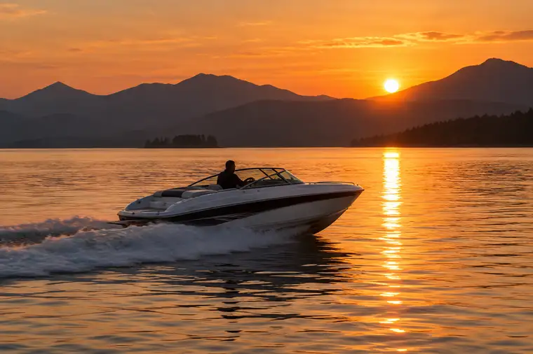 A boat on a mountain lake at sunset